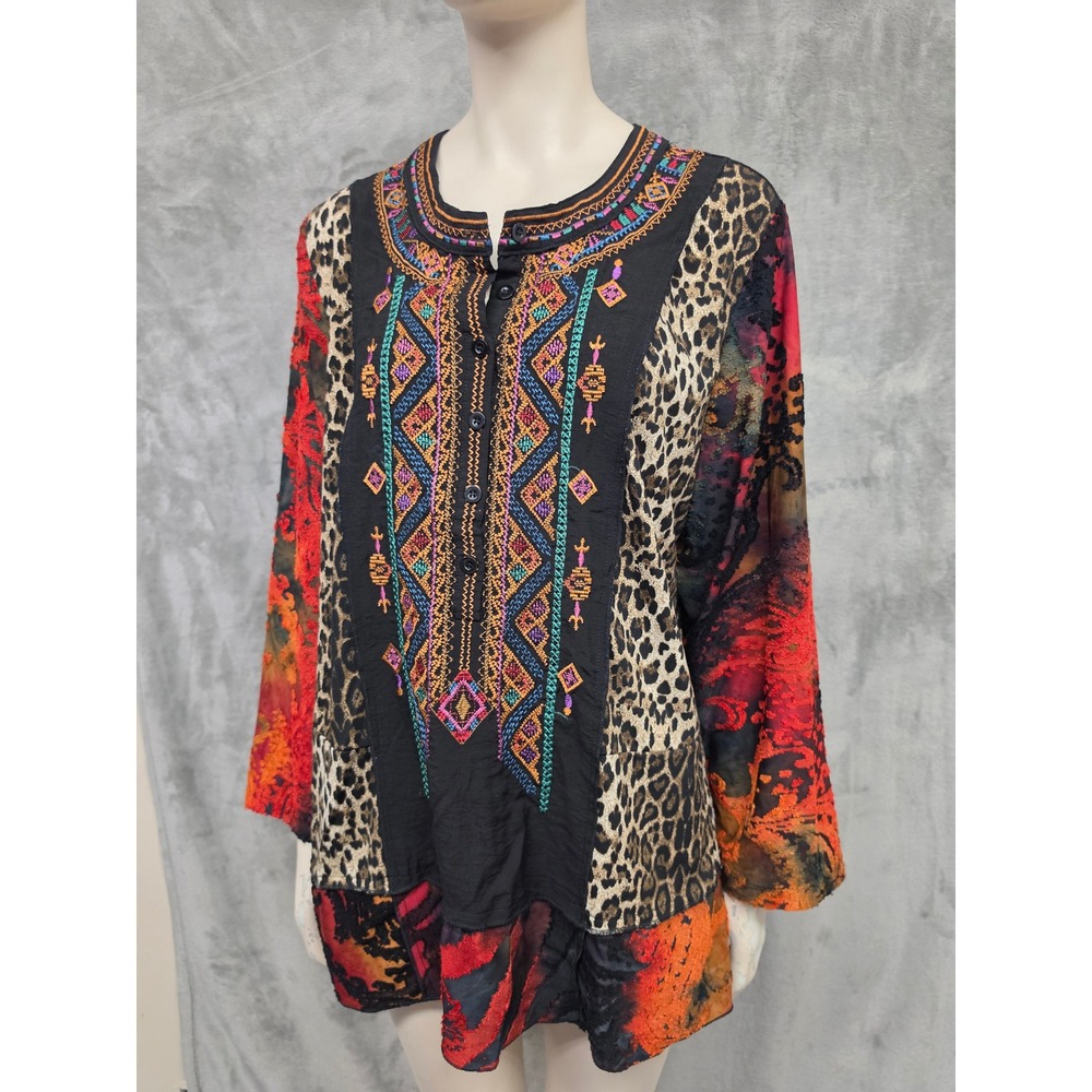 Mixed Media Leopard Print Embroidered Tunic Top Burnout Velvet Long Sleeve L